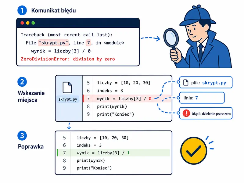 Komunikat jest wskazówką. Poprawność to zgodność z celem potwierdzona testem, a nie tylko brak wyjątku.