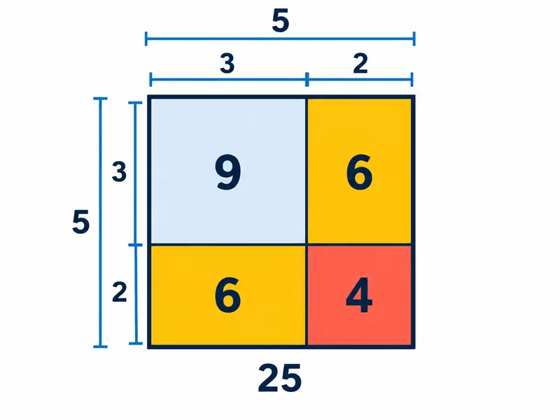 Kwadrat o boku 5 podzielony na odcinki 3 i 2 w obu kierunkach. Pola: 9, 6, 6, 4.