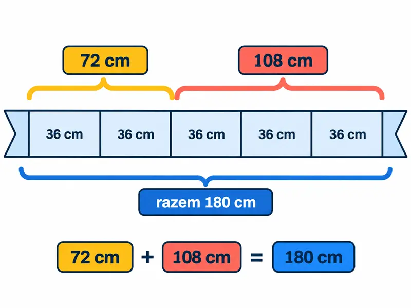 Wstążka długości 180 cm podzielona w stosunku 2 do 3 na odcinki 72 cm i 108 cm złożone z pięciu równych części po 36 cm.