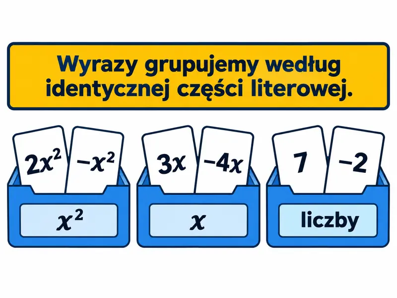 Trzy opisane przegródki „x²”, „x”, „liczby”; karty odpowiednio „2x², −x²”, „3x, −4x”, „7, −2”.