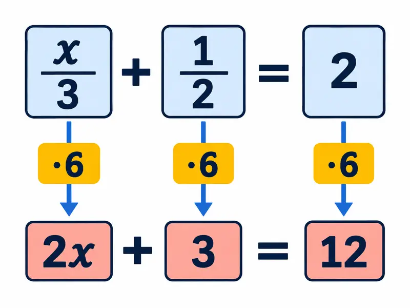Zapis „x/3 + 1/2 = 2”, pod nim trzy krótkie strzałki „·6” do „2x + 3 = 12”.