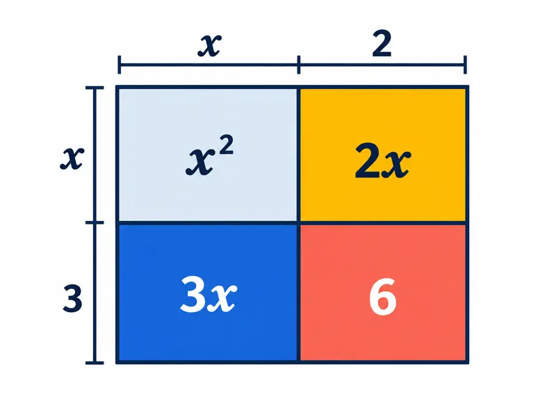 Prostokątna plansza podzielona na cztery części opisane x², 2x, 3x, 6. Boki podzielone na x i 2 oraz x i 3.