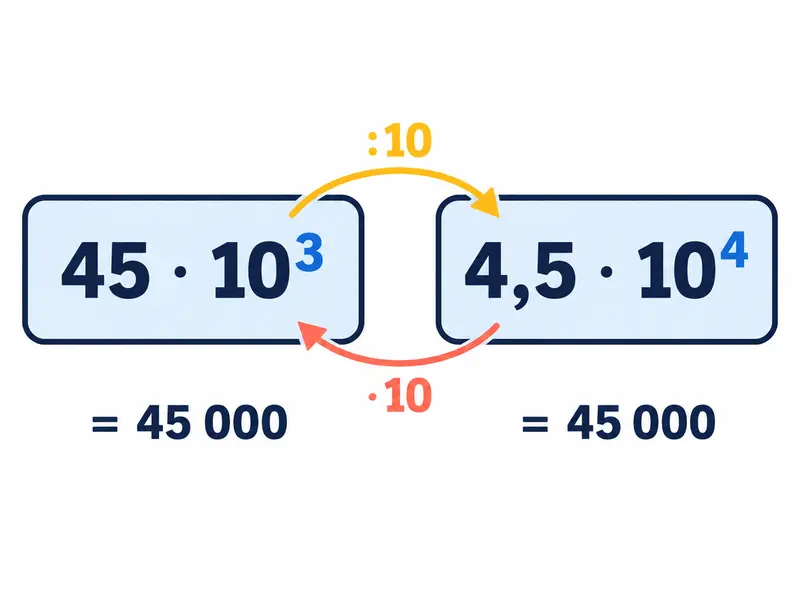 Dwie połączone karty: 45 · 10³ i 4,5 · 10⁴; przy współczynnikach strzałka :10, przy potęgach strzałka ·10.