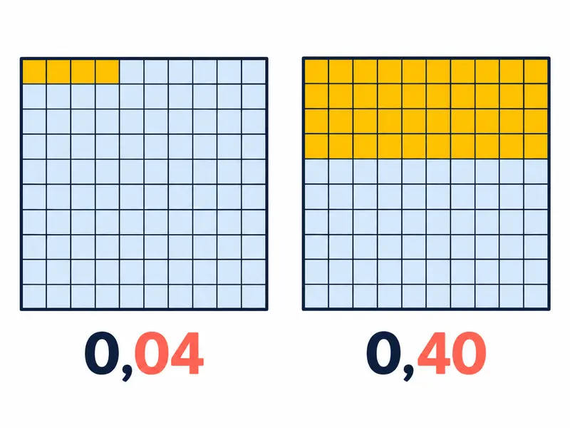Dwa identyczne kwadraty podzielone na siatkę 10 × 10: w pierwszym wyróżnione 4 pola, w drugim 40; etykiety 0,04 i 0,40.