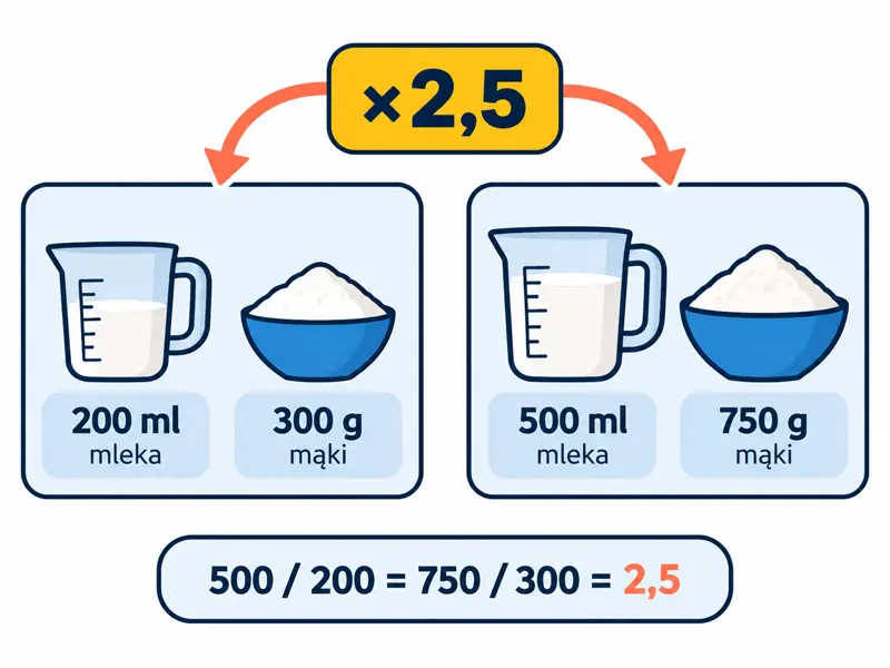 Przepis zwiększony tym samym czynnikiem 2,5: z 200 ml mleka i 300 g mąki do 500 ml mleka i 750 g mąki.