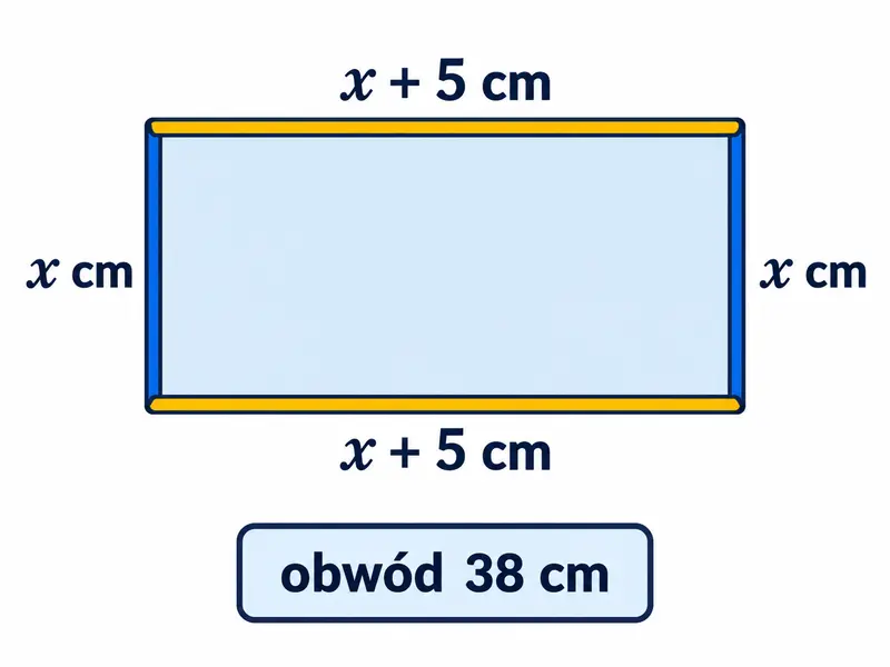 Prostokąt: dwa boki opisane x cm i dwa (x + 5) cm; podpis „obwód 38 cm”; bez wpisanych rozwiązań.