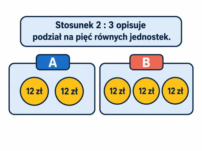 Pięć jednakowych żetonów po 12 zł; dwa w obszarze A, trzy w obszarze B.