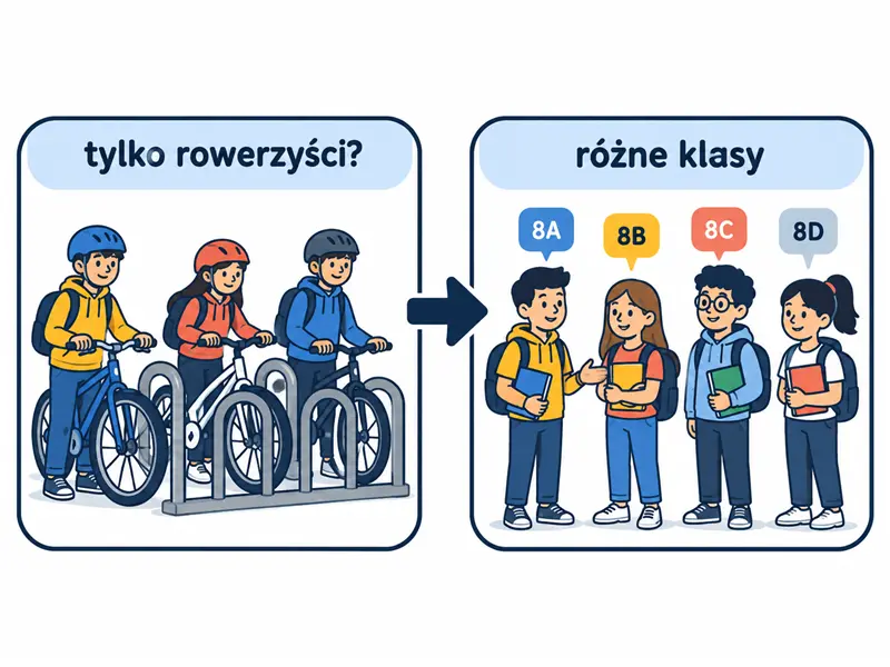 Dwie grupy uczniów: przy stojaku rowerowym oraz uczniowie różnych klas; podpisy „tylko rowerzyści?” i „różne klasy”.