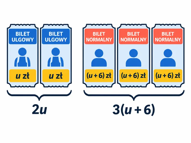 Dwa bilety ulgowe z ceną „u zł” i trzy normalne z ceną „(u + 6) zł”; grupy podpisane „2u” i „3(u + 6)”.
