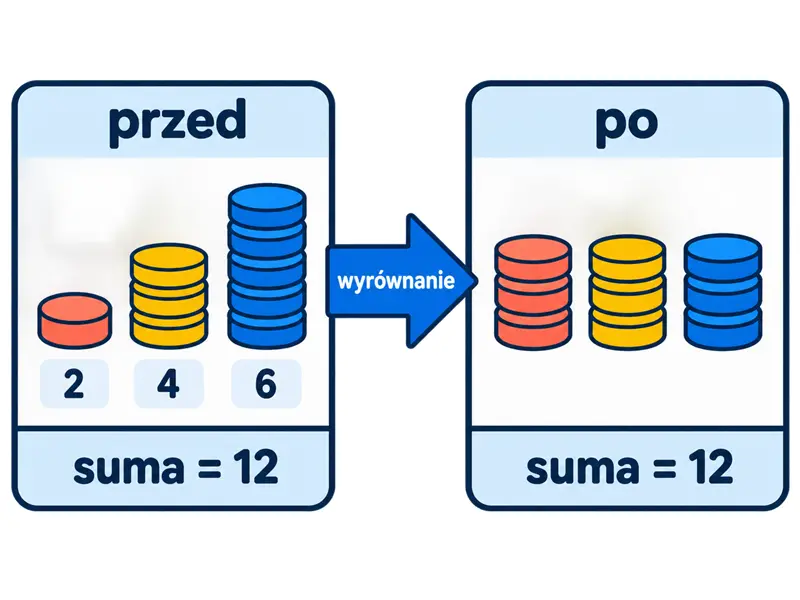 Stosy 2, 4 i 6 żetonów przed wyrównaniem oraz trzy stosy po 4 żetony po wyrównaniu; suma w obu panelach wynosi 12.