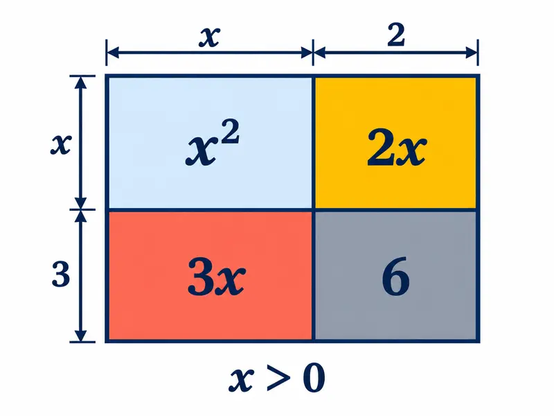 Prostokąt z podziałem boków na x i 2 oraz x i 3; pola opisane x², 3x, 2x, 6; etykieta „x > 0”.