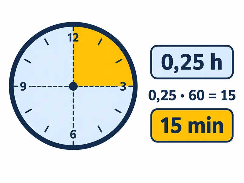 Tarcza zegara z wyróżnioną jedną czwartą oraz oznaczeniami 0,25 h i 15 min.