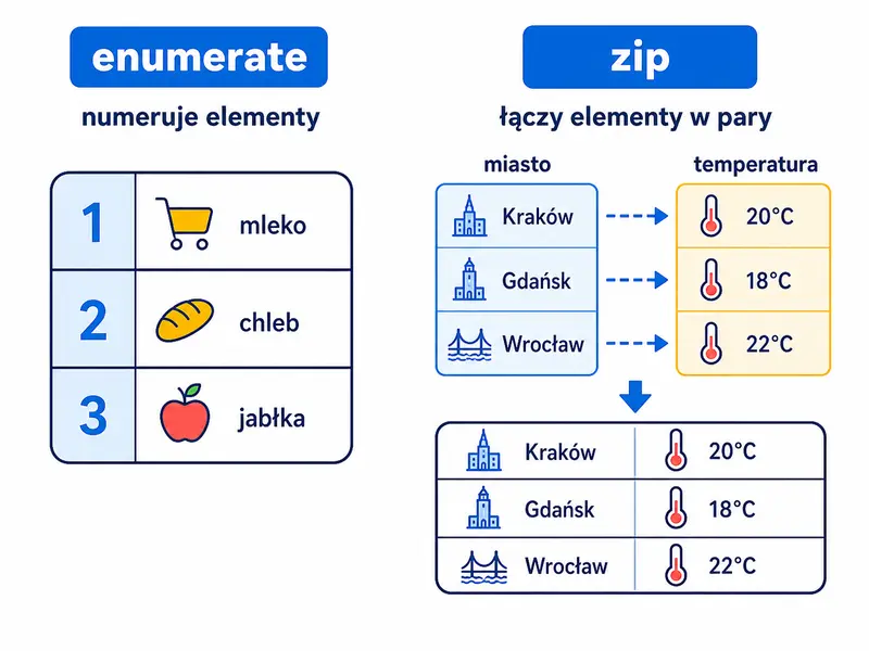 enumerate dodaje numer, zip łączy pozycje. Zgodność danych jest odpowiedzialnością autora programu.