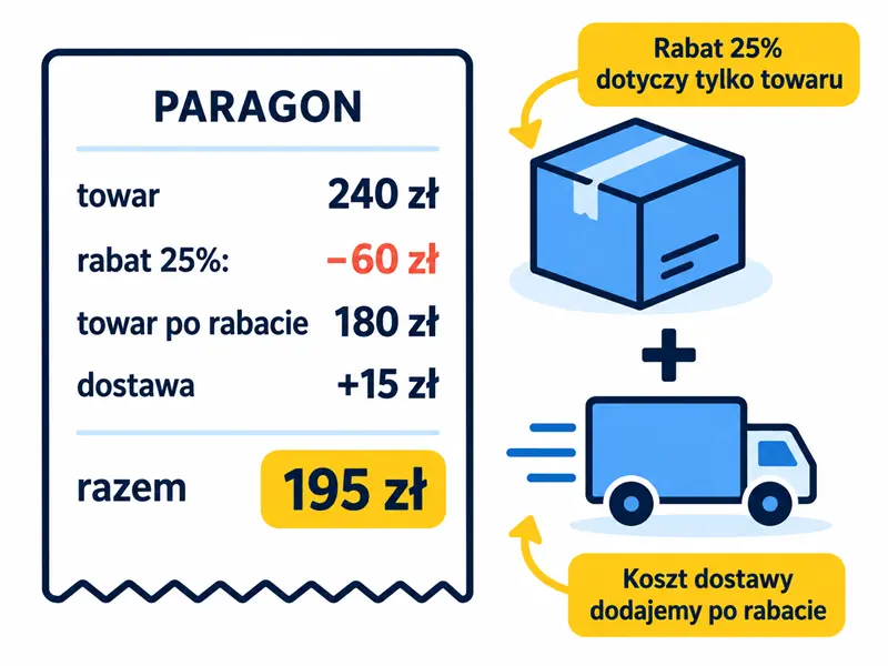 Paragon: towar 240 zł, rabat 25% równy 60 zł, towar po rabacie 180 zł, dostawa 15 zł i razem 195 zł.