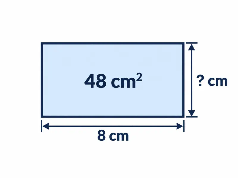 Prostokątna plansza o polu 48 cm² z bokiem 8 cm i drugim bokiem oznaczonym znakiem zapytania.