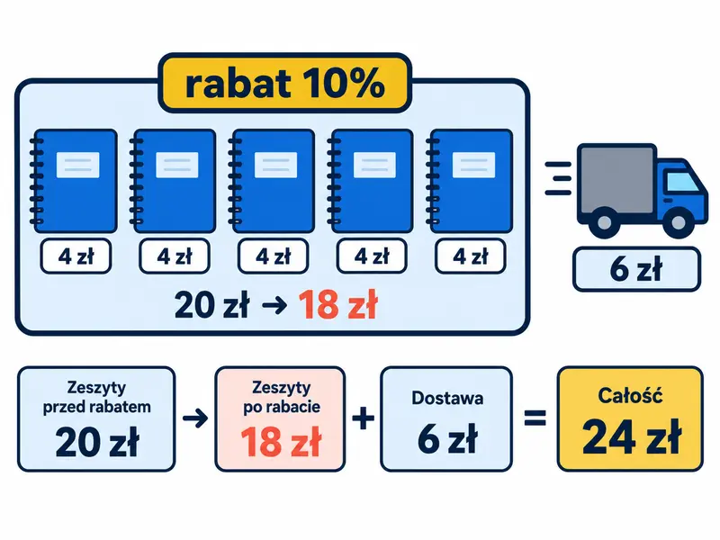 Grupa pięciu zeszytów objęta ramką rabat 10%; oddzielnie poza ramką symbol dostawy 6 zł.