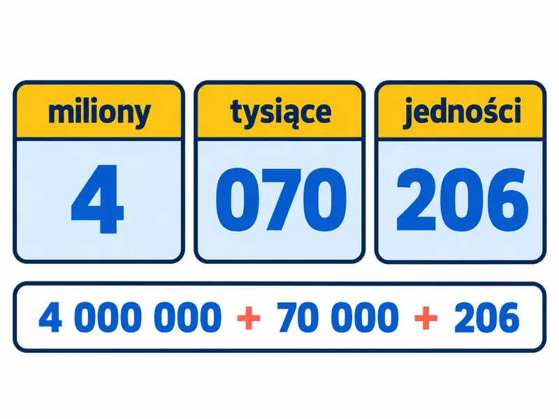 Trzy podpisane przegródki: miliony 4, tysiące 070, jedności 206.