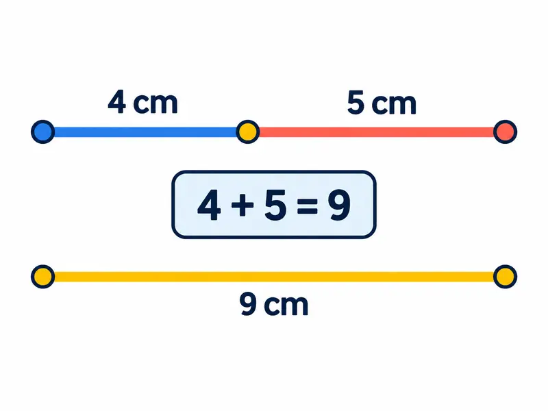Odcinki długości 4 cm i 5 cm ułożone na jednej prostej nad odcinkiem 9 cm.