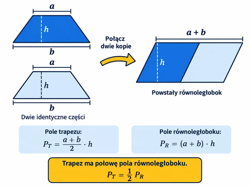 Dwie przystające papierowe części trapezowe złączone w równoległobok; jedna część niebieska, druga jasnoniebieska.