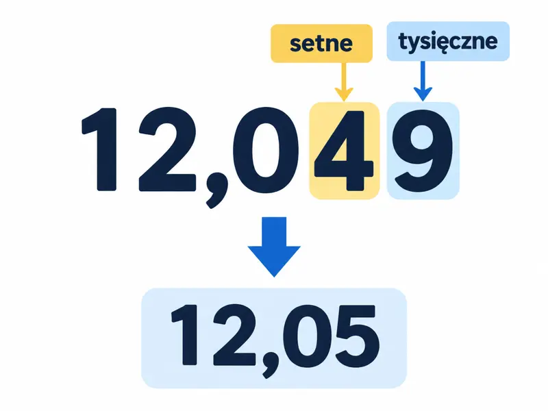 Zapis 12,049 z oznaczonym miejscem setnych 4 i następną cyfrą 9; wynik 12,05 poniżej.