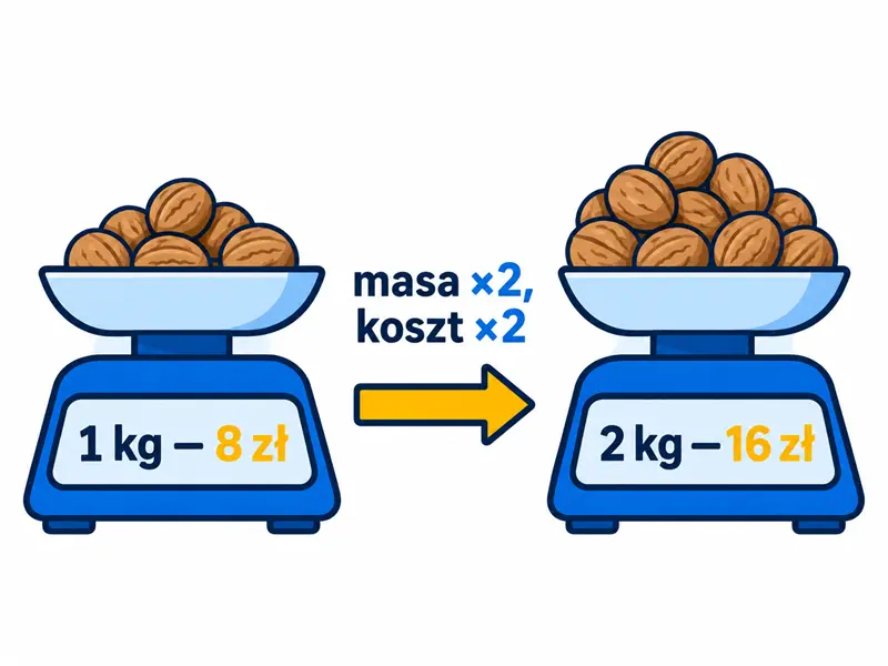 Dwie wagi pokazują 1 kg orzechów za 8 zł oraz 2 kg za 16 zł; masa i koszt zwiększają się dwukrotnie.