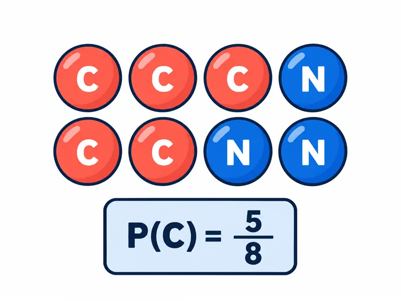 Osiem jednakowych kul: pięć czerwonych z literą C i trzy niebieskie z literą N; P(C) = 5/8.