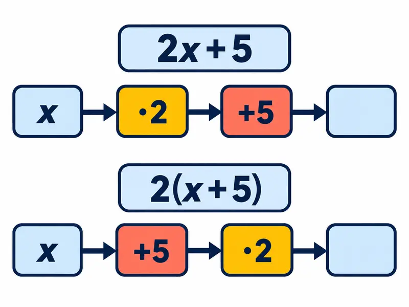 Dwa oddzielne tory: „x → ·2 → +5” oraz „x → +5 → ·2”, opisane odpowiednio „2x + 5” i „2(x + 5)”.