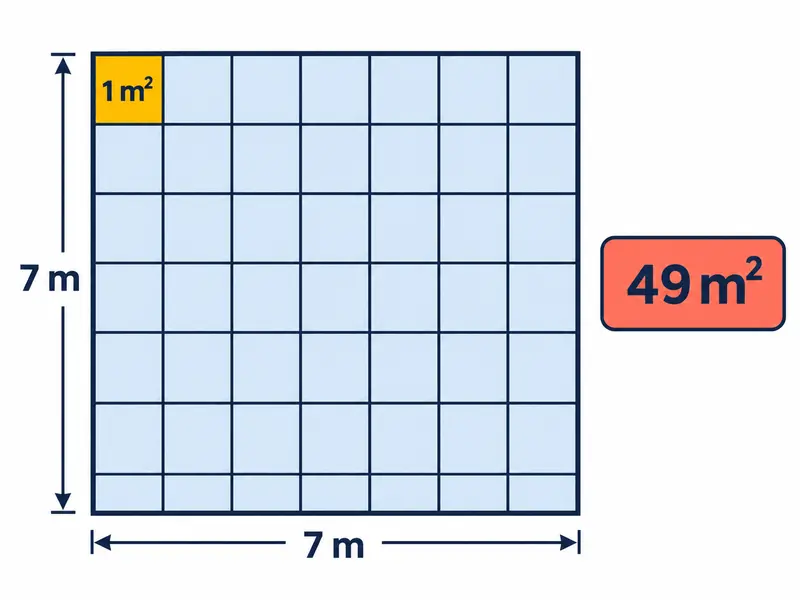 Kwadratowa podłoga z dokładnie 49 kafelków w siedmiu rzędach i siedmiu kolumnach; jeden kafelek ma pole 1 m².