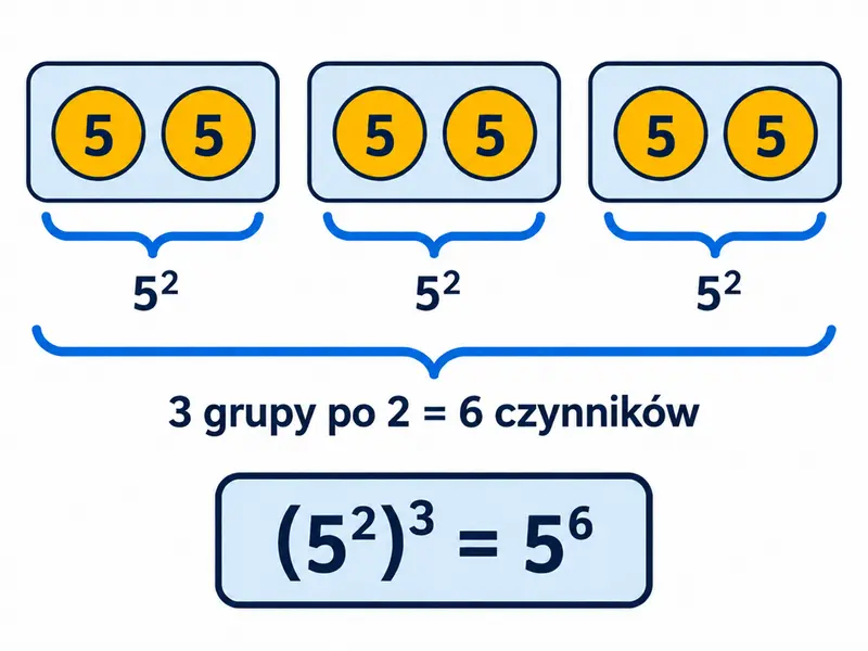 Trzy pudełka, w każdym dokładnie dwa żetony z cyfrą 5; podpis (5²)³ = 5⁶.