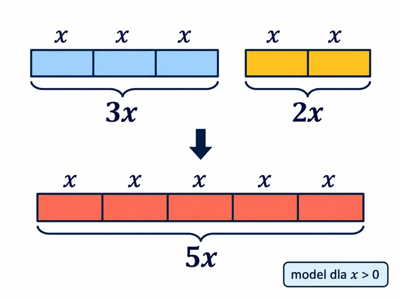 Dwie grupy odcinków: trzy i dwa, każdy podpisany x; niżej jeden ciąg pięciu odcinków podpisany 5x. Dopisek „model dla x > 0”.