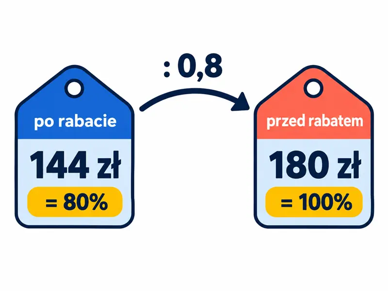 Cena po rabacie 144 zł stanowi 80%, a odtworzona cena przed rabatem 180 zł stanowi 100%; strzałka pokazuje dzielenie przez 0,8.