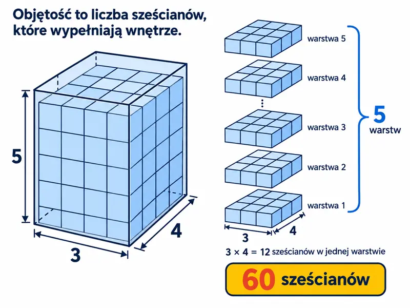 Prostopadłościenne przezroczyste pudełko wypełnione jednostkowymi sześcianami w układzie 3 × 4 × 5.