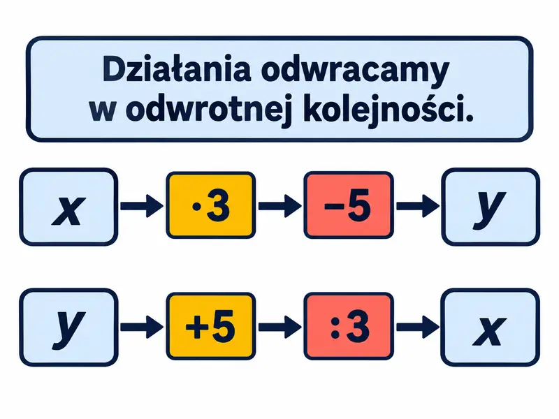 Tor „x → ·3 → −5 → y”; osobny tor powrotny „y → +5 → :3 → x”.