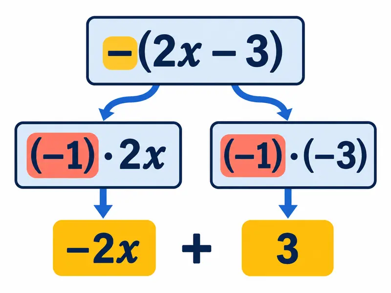 Karta „−(2x − 3)” rozdzielona na „(−1)·2x” i „(−1)·(−3)”; wynik „−2x + 3”.
