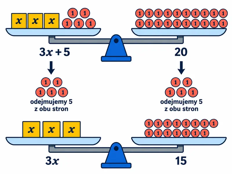 Dwie kolejne wagi w równowadze: najpierw „3x + 5” i „20”, potem „3x” i „15”; z obu szalek ubywa po pięć jednakowych żetonów.