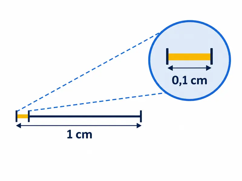 Jedna miarka długości z odcinkiem 1 cm oraz zaznaczoną jedną dziesiątą tej długości, opisaną 0,1 cm.