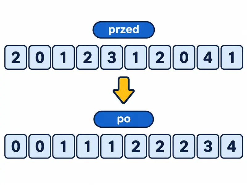 Dziesięć kart z liczbami 2, 0, 1, 2, 3, 1, 2, 0, 4, 1 uporządkowanych niżej według wartości.