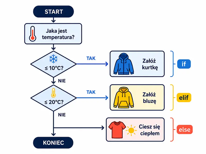 W łańcuchu wygrywa pierwszy prawdziwy warunek. Wcięcie pokazuje, co należy do danej ścieżki.