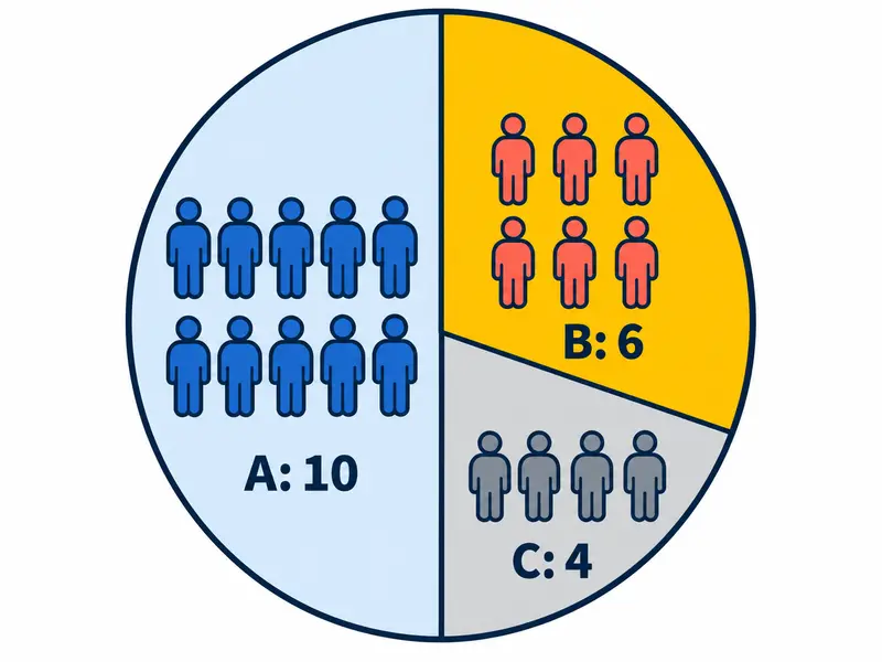 20 symboli osób podzielonych bez nakładania na grupy A:10, B:6, C:4.