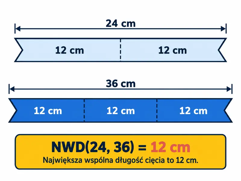 Dwie wstążki o długościach 24 cm i 36 cm podzielone odpowiednio na 2 i 3 równe odcinki po 12 cm.