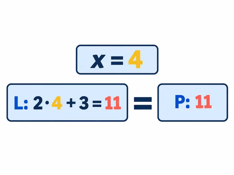 Dwie karty „L: 2·4 + 3 = 11” oraz „P: 11”, połączone znakiem równości; nad nimi „x = 4”.