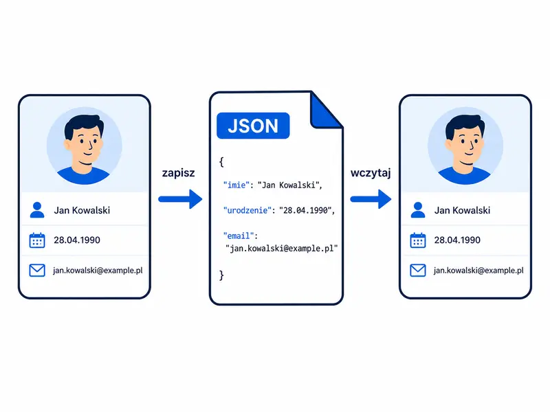 JSON zapisuje dane. Zmiana danych w pamięci wymaga osobnego zapisu, aby przetrwała koniec programu.