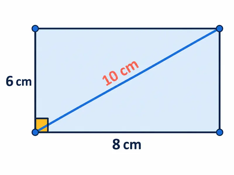 Prostokątna plansza 6 cm na 8 cm z jedną przekątną 10 cm i zaznaczonym kątem prostym.