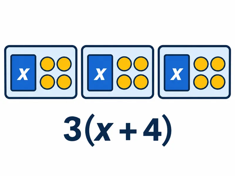 Trzy pudełka, każde zawierające kartę „x” i cztery jednostkowe żetony; podpis „3(x + 4)”.