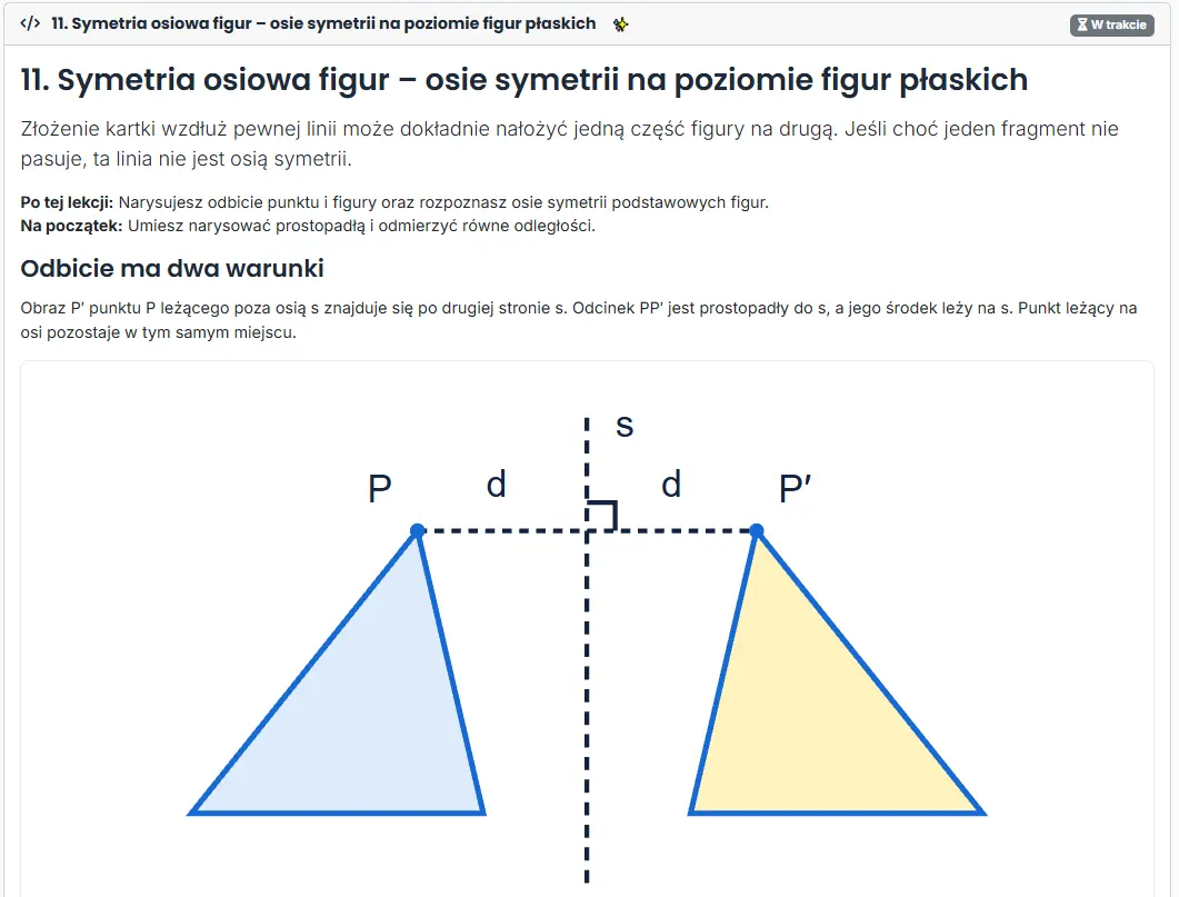 Polish interface: axial symmetry lesson with an explanation and reflection diagram.