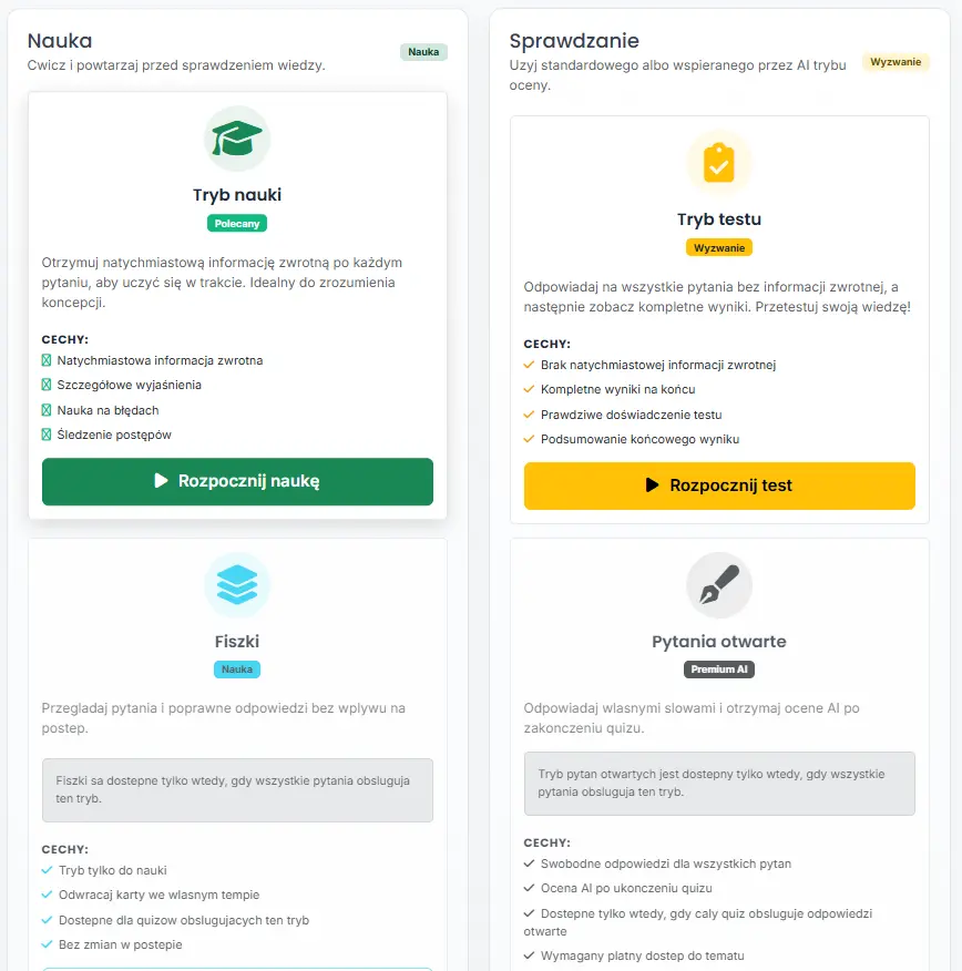 Polish interface: selection of learning, test, flashcard, and open question quiz modes.