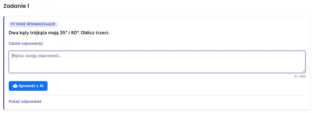 Polish interface: lesson question with an answer box and AI check button.