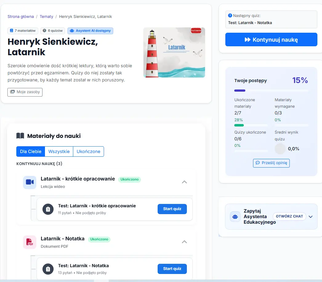 Polish interface: topic page with materials, quizzes, and student progress.