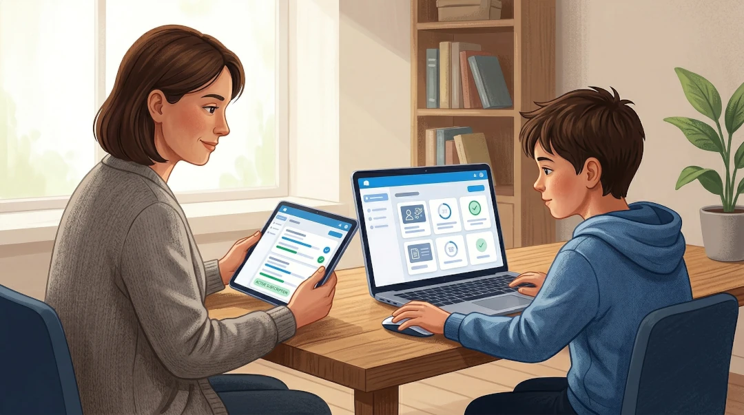 A parent checks the child's progress on a tablet while the child studies independently on a laptop.