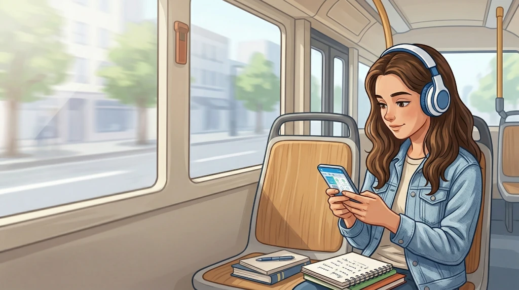 A student uses a phone while riding a bus, with notes and books nearby.